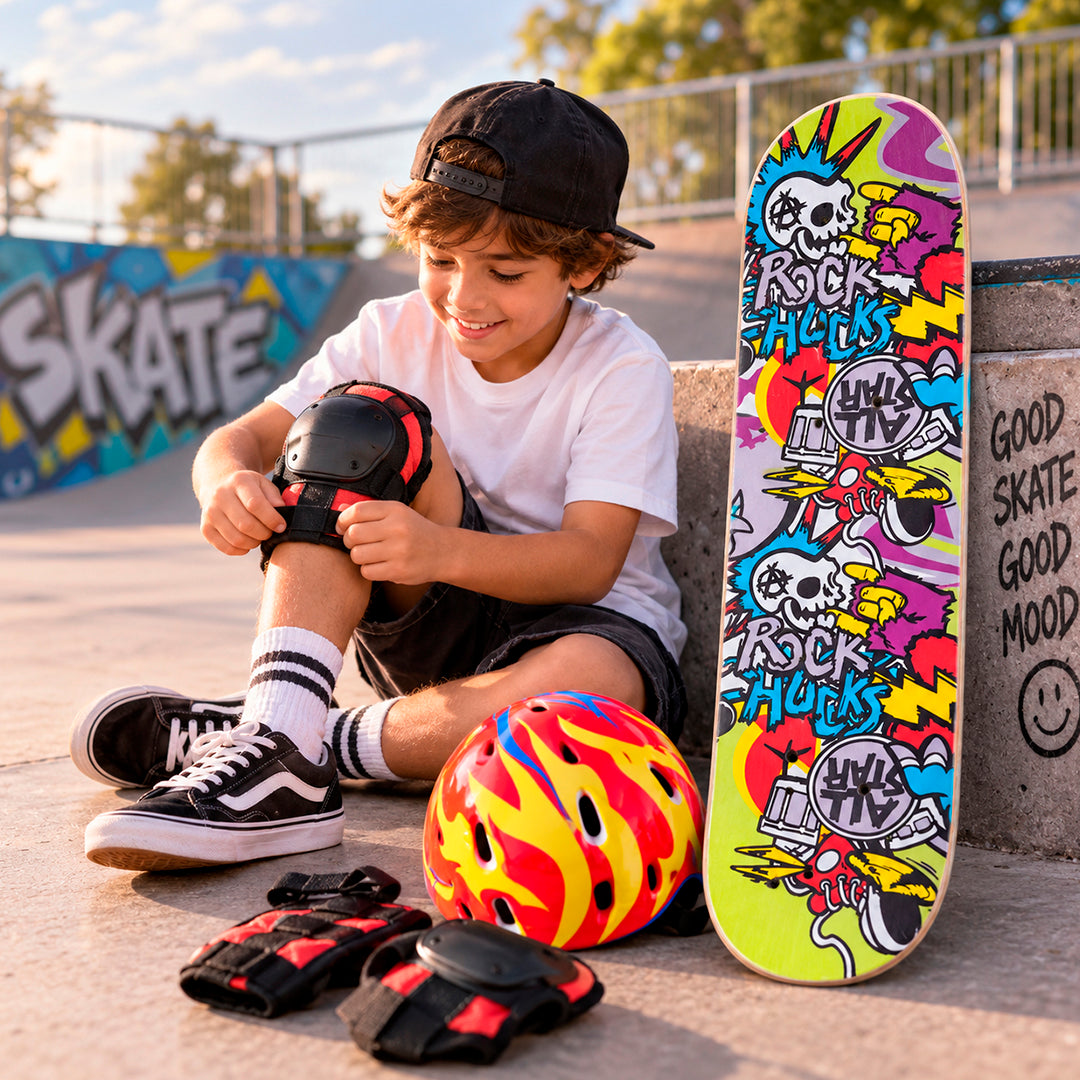 Patineta Skateboard Infantil con Casco y Protecciones 83 cm