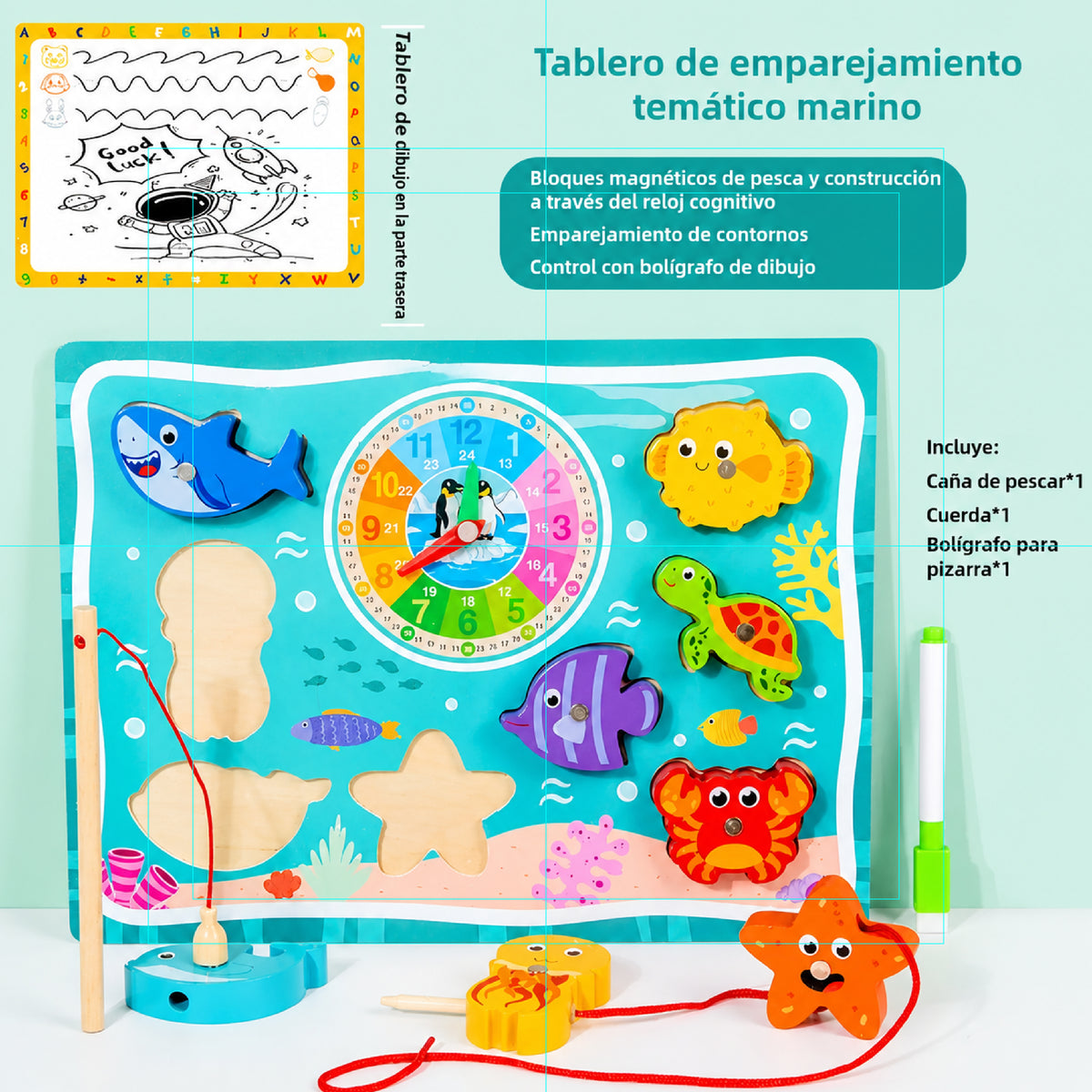 Tabla Animales del mar 3 en 1 de Madera con Pesca Magnética -  Didáctico