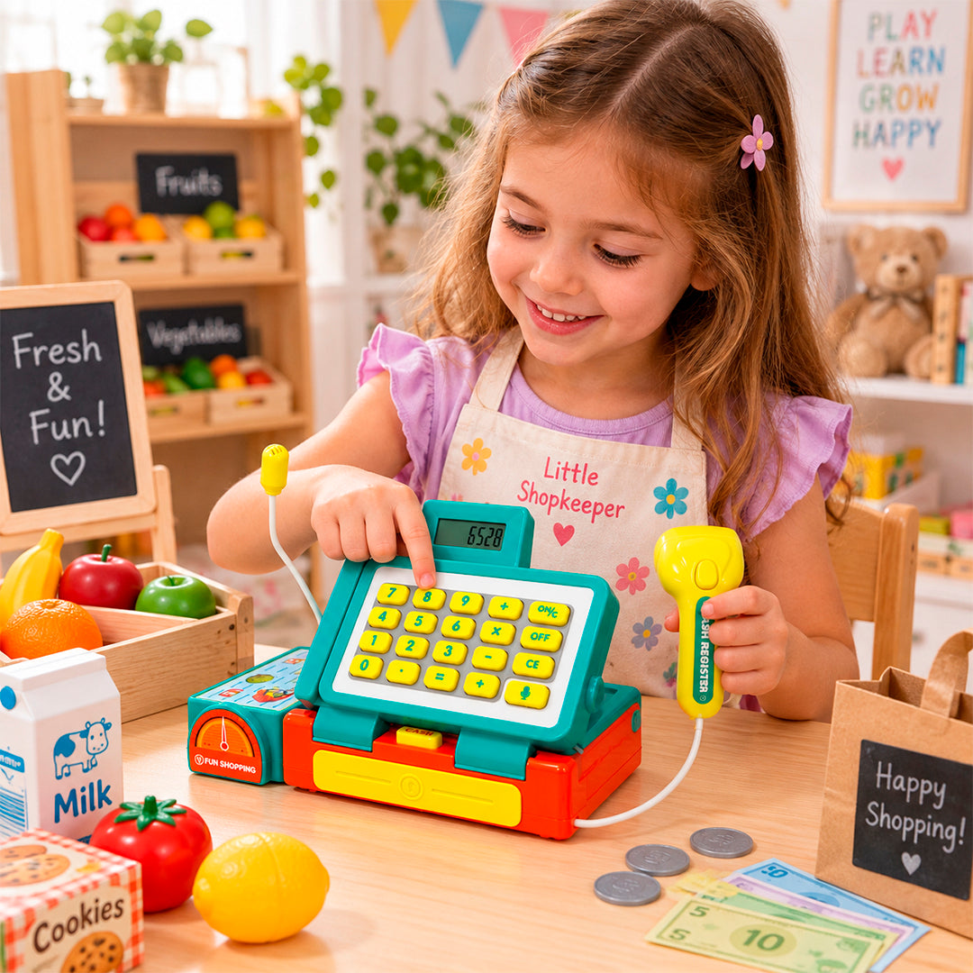 Caja Registradora Infantil con Calculadora, Escáner y 29 Accesorios